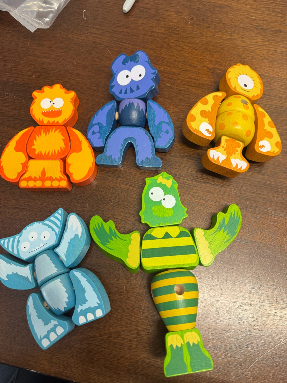 Colorful Wooden Monster Toy Set - Green, Blue, Orange, Yellow